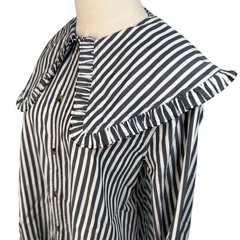 Ganni Organic Cotton Stripe Mini Shirt Dress Sailor Collar 38/US 6 Black White - Picture 4 of 15
